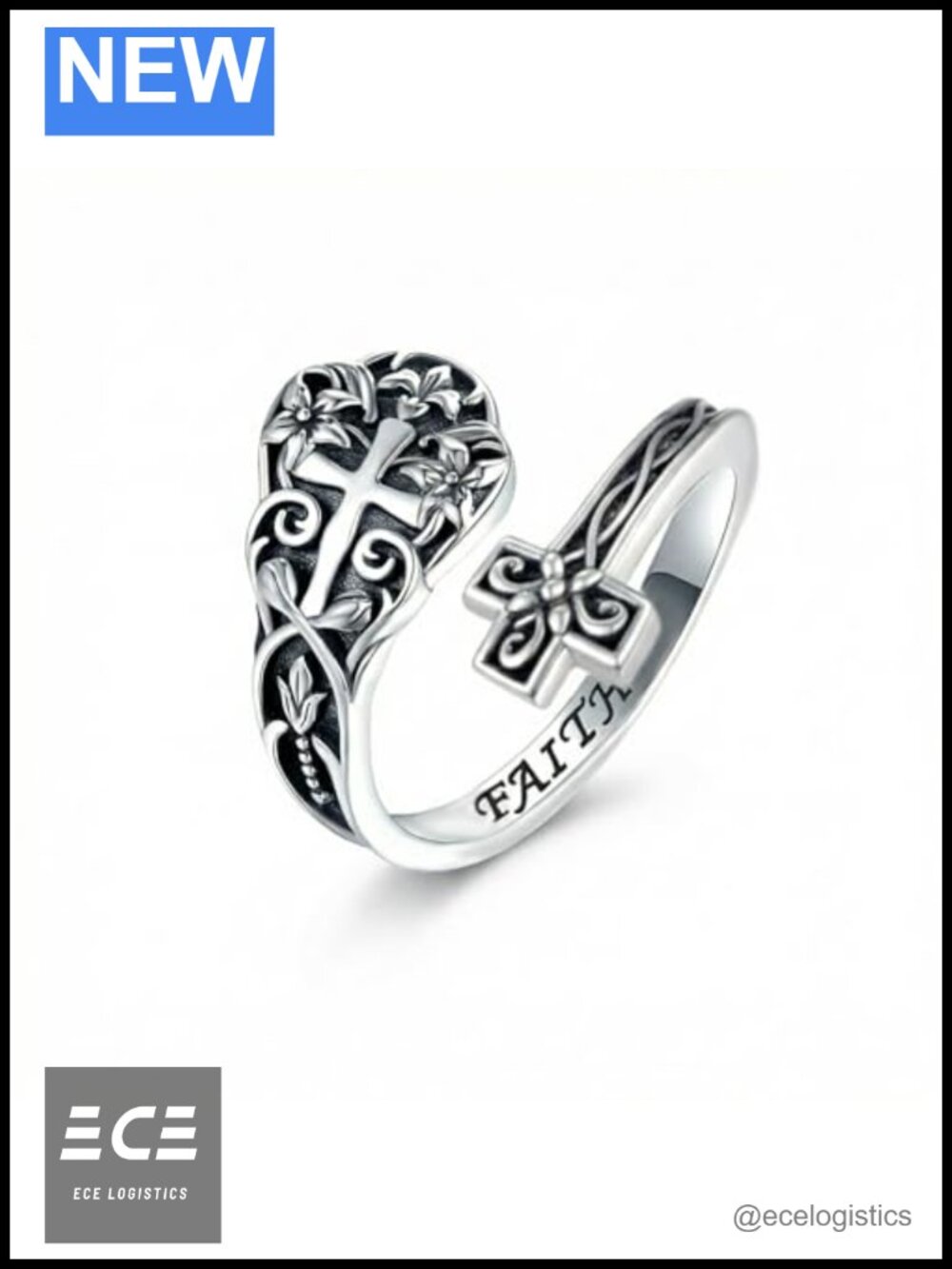 925 Sterling Silver Adjustable Spoon Ring Floral Cross Boho Promise Ring